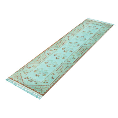Tapis cyan de couleur unique noué à la main 2 pi 6 po x 9 pi 9 po