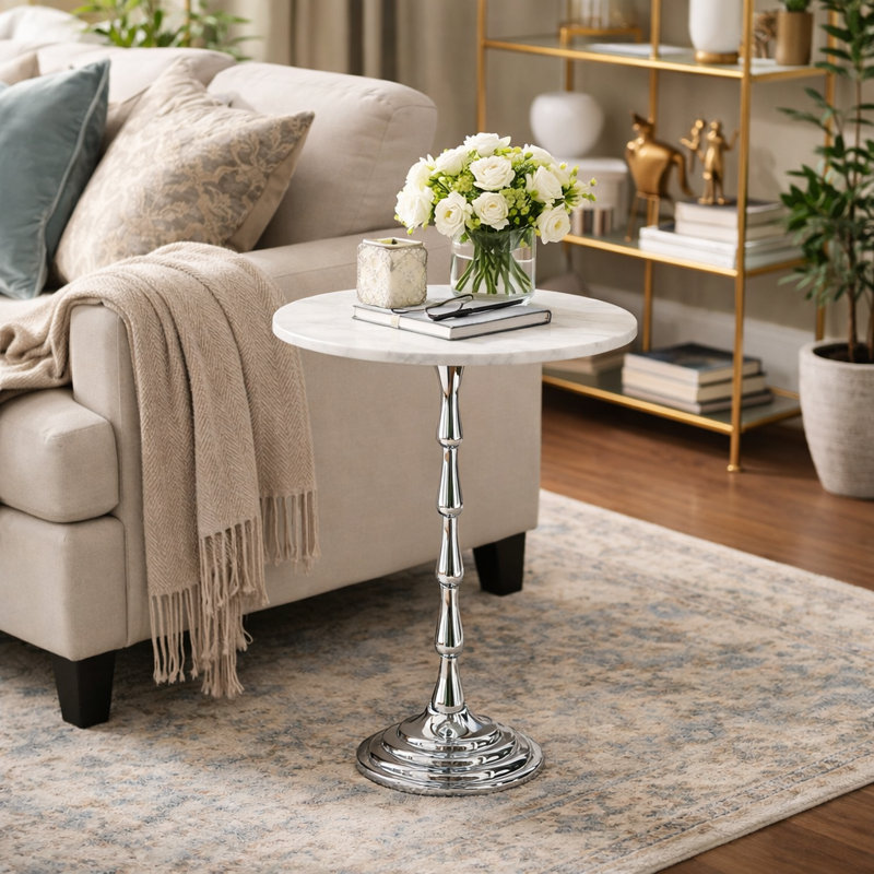 Table à boisson en aluminium argenté avec plateau en marbre blanc, l 10 po x P 10 po x H 26 po