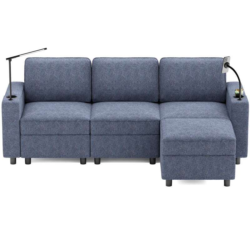 Canapé modulaire en L avec repose-pieds avec rangement Jahnvi, modulaires avec ports USB et porte-gobelet