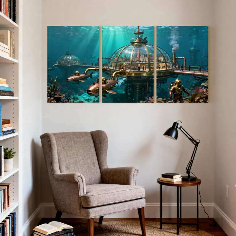 «Fantasy & Sci-Fi Underwater Steampunk City with Submarines And Divers», ensemble de 3 impressions sur toile