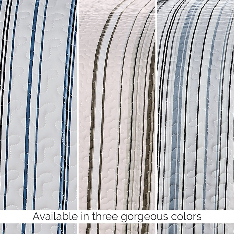 Coastal Stripes Collection Reversible Quilt Set, Queen Quilt + 2 Standard Shams, Taupe