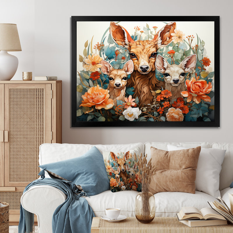 «Coral Brown Line Art Whimsical Animals I», reproduction d'art sur toile, H 12 po x l 20 po x P 1 po, Cadre simple noir