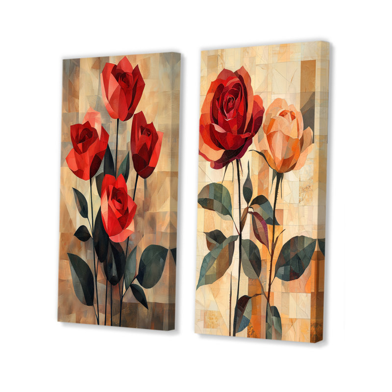 «Red Velvet Geometric Rose Passion I», collection de 2 panneaux d'art sur toile florale, H 28 po x l 25 po, Toile tendue