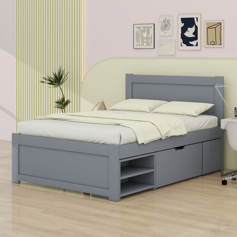 Lit plateforme avec tiroir et tablettes, gris