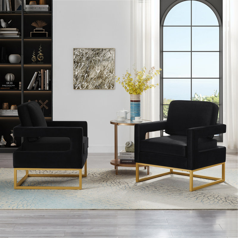 Chaise d'appoint de style moderne avec base en métal doré, fauteuil de loisir rembourré en velours avec accoudoirs ouverts, fauteuil, noir