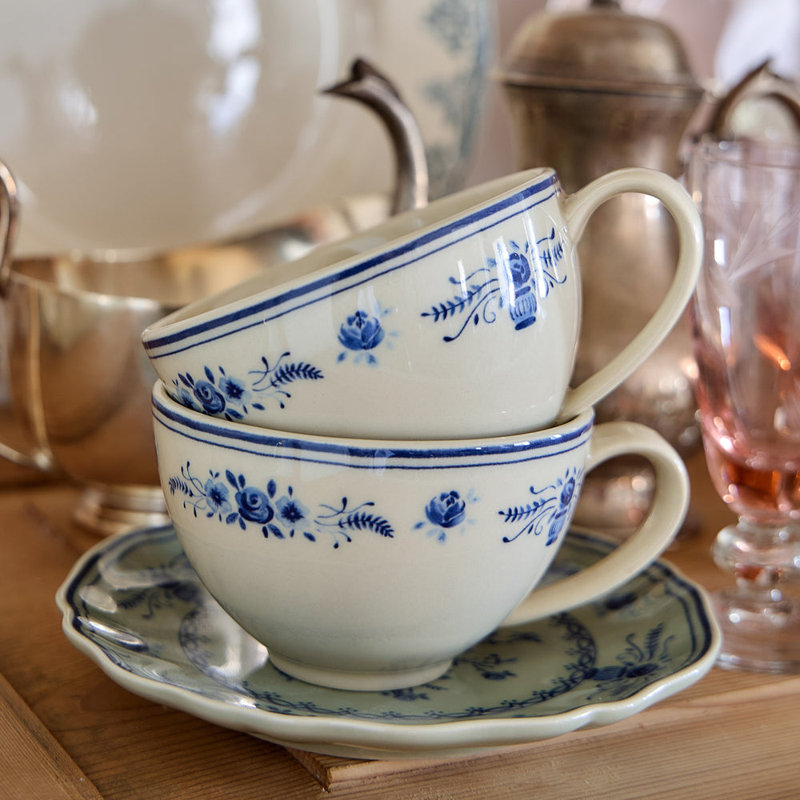 Vila Tea Cups And Saucers, Beige/Blue