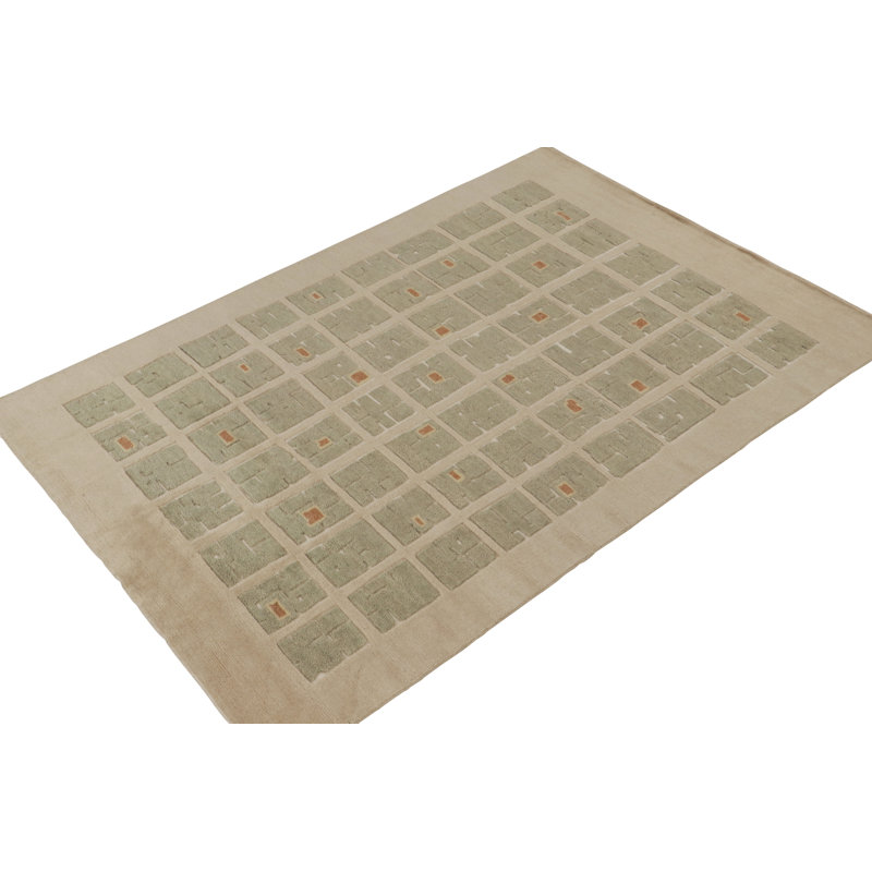 Rug & Kilim’S French Art Deco Rug In Beige & Green High-Low Square Pattern, Rectangle 10' x 14'