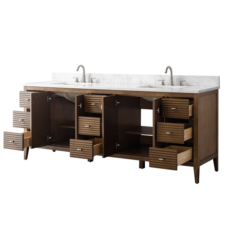 Ensemble de meuble-lavabo autoportant à double cuve 84 po avec plateau en marbre Lavallon, Noyer linéaire, Nickel brossé
