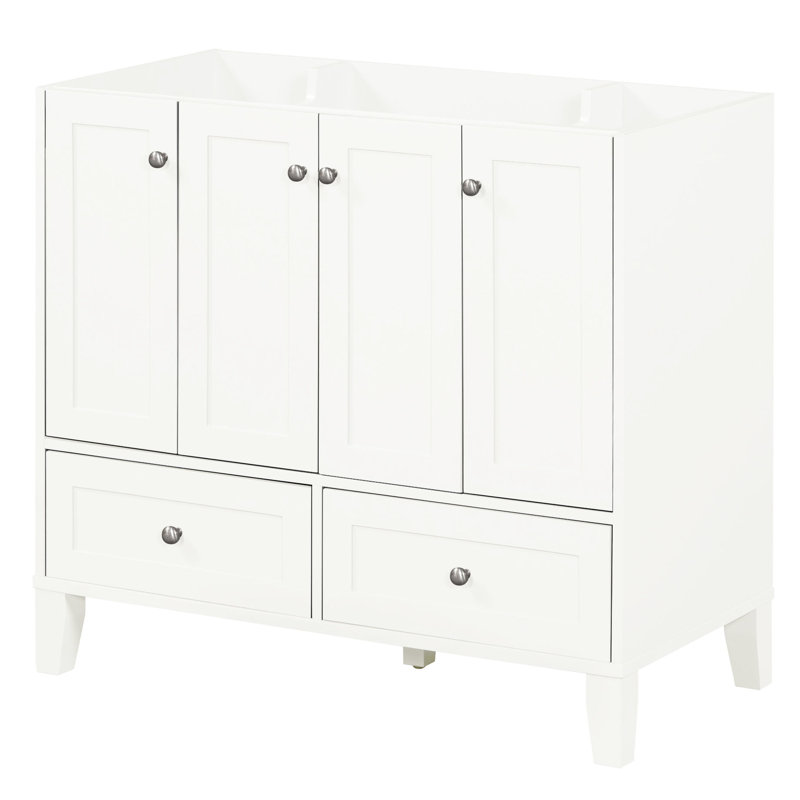 Meuble-lavabo 36 po - Structure, portes et tablettes en bois massif. 2 tiroirs, 4 portes. Tablettes réglables. Panneaux de rangement autoportants spacieux. Armoire à tiroirs. Imperméable peint.