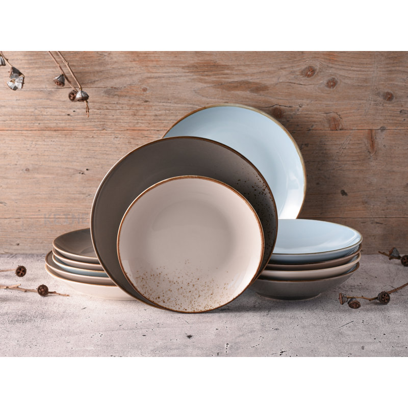 12-Piece Nature Collection Stoneware Crockery Set For 4 People, Beige/Blue