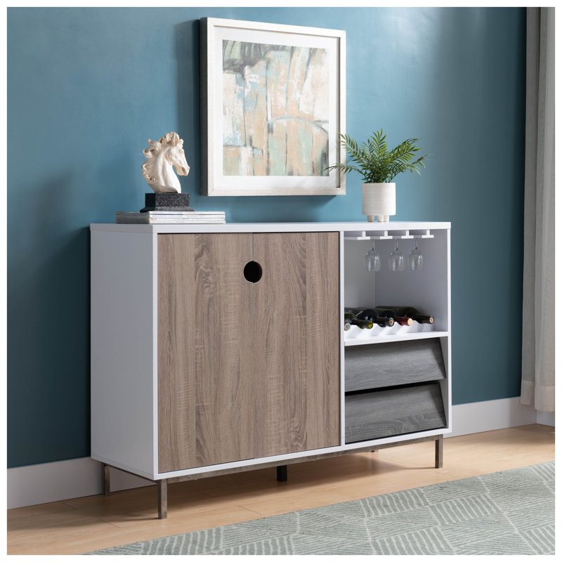 Armoire à vin en bois avec support en verre et tiroirs, finition blanche et gris vieilli, fabrication en panneau de particules