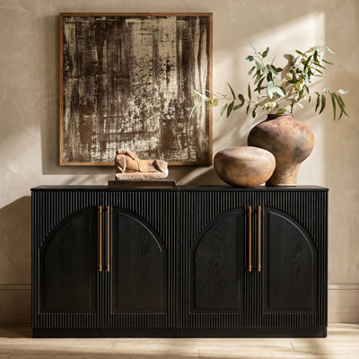 Velora 62” Modern Arched Fluted Ash Veneer Cabinet – Sideboard & Media Console With Brass Handles, Black/White