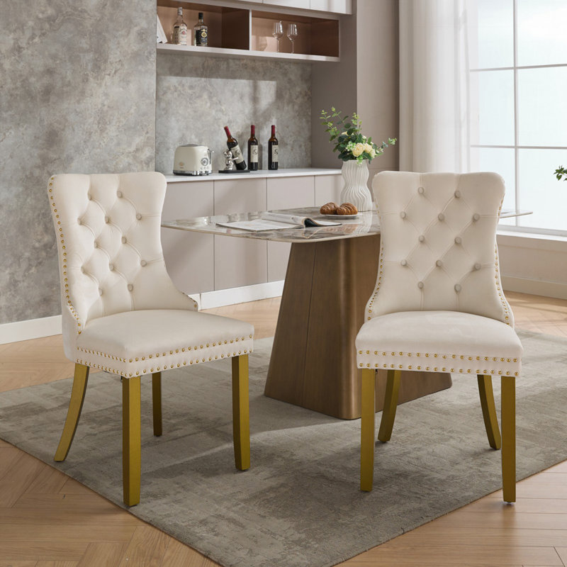 Modern Tufted Upholstered Dining Chair with Nailhead Trim and Solid Wood Legs, Gold, Velvet White