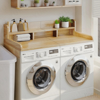 Washer Dryer Countertop With Non-Slip Pads, Laundry Wood Shelf Topper With Edge, 54" Width X 27.5" Depth Double Layer Organizer For Washer And Dryer Laundry Hamper Counter Storage (Natural Color)