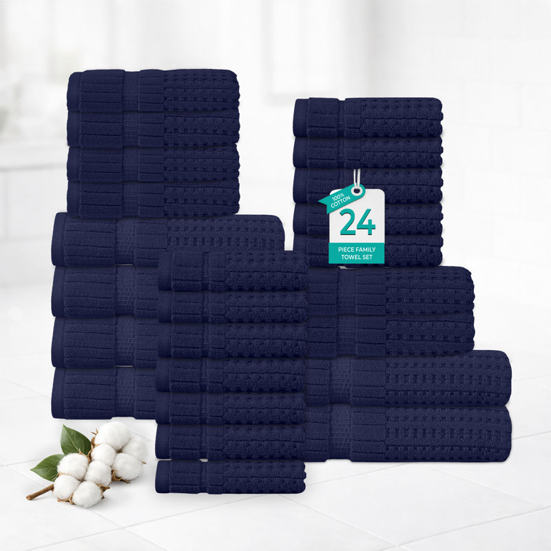 Ensemble de serviettes 24 pièces Willow - 100% coton peigné, qualité supérieure 630 g / m², bleu marine, ultra doux et très absorbant (6 serviettes de bain, 6 serviettes à main, 12 serviettes de toilette)