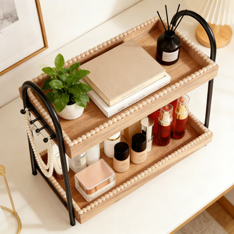 Organisateur de parfum et de bijoux à 2 niveaux avec crochets, plateau de meuble-lavabo en bois pour comptoir de salle de bain, commode ou étagère de rangement pour maquillage et soin de la peau