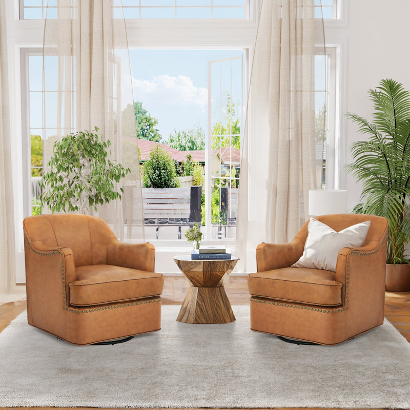 Whitlock Leather Match Swivel Barrel Chair , Whiskey Brown