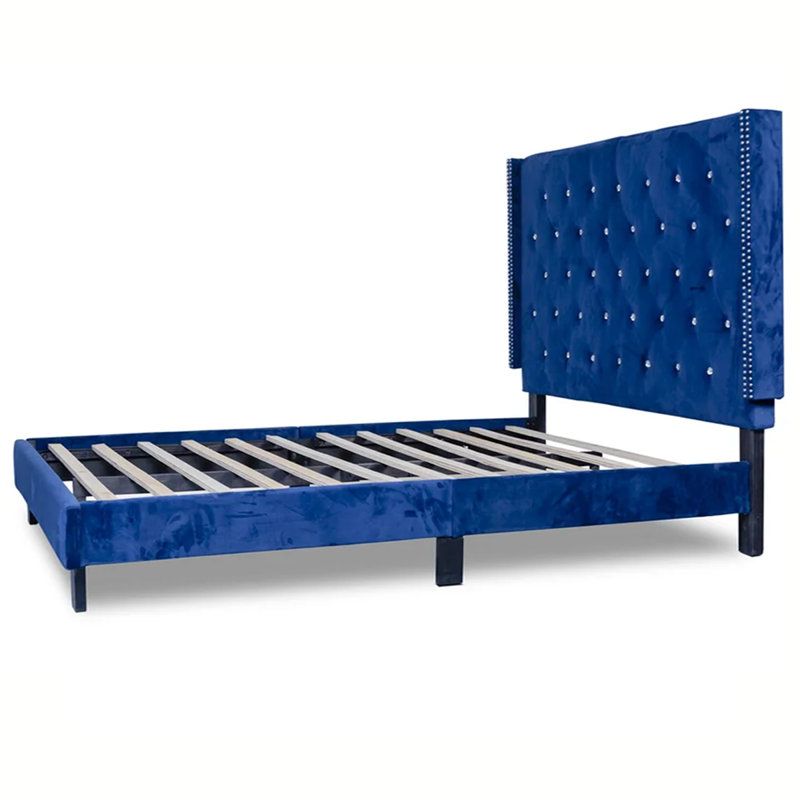Dendrick Upholstered Tufted Velvet Bed, King, Blue