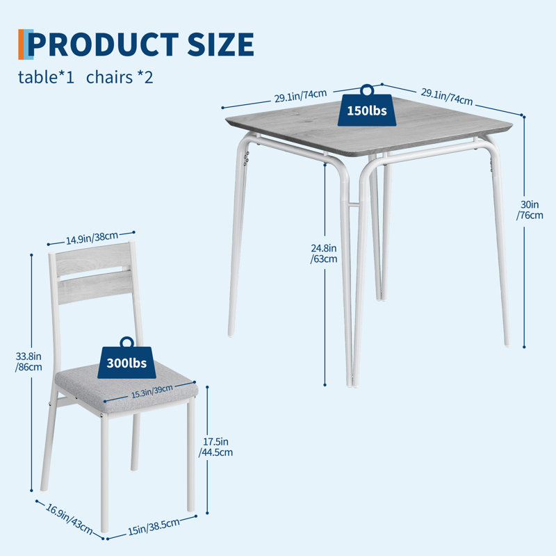 Backrest Dining Table and Chairs Set - Kitchen Dining Room Table, 2 Dining Chairs, Modern Kitchen Table, Durable MDF Material, Space-Saving Design
