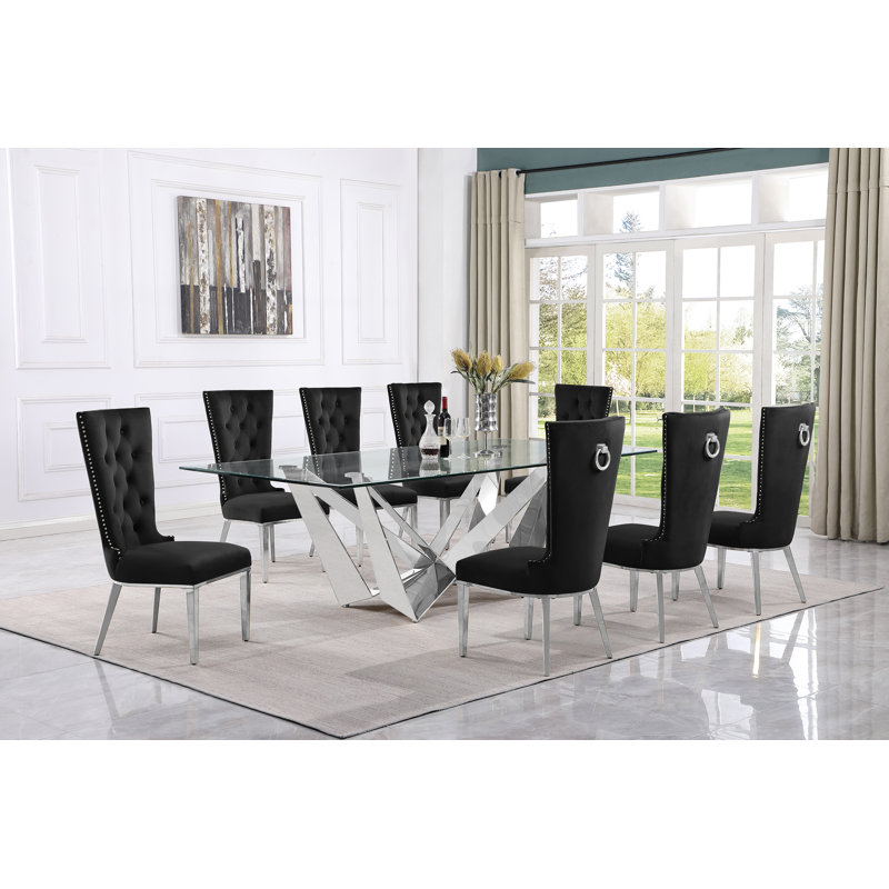 Ensemble de salle à manger rectangulaire L 94 po x l 46 po, Noir / argent, 9, Argent