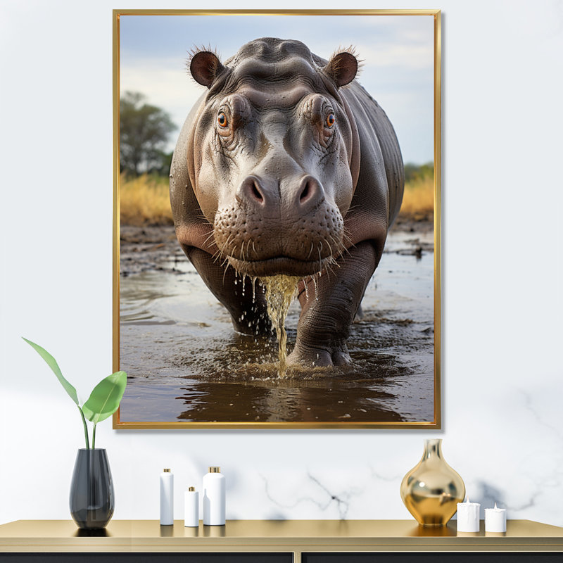 Kyriako hippopotame puissant hippopotame I - impression, H 32 po x l 24 po x P 1 po, Cadre flottant doré