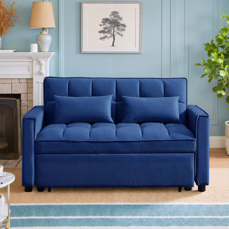 3 in 1 Convertible Sleeper Sofa Bed, Velvet Futon Couches, Chaise Lounge for Living Room with Side Pocket, Blue Velvet