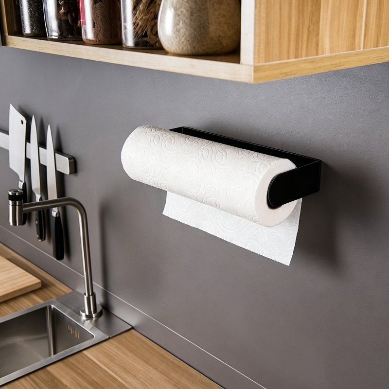 Porte-essuie-tout auto-adhésif mural pour support de cuisine noir.