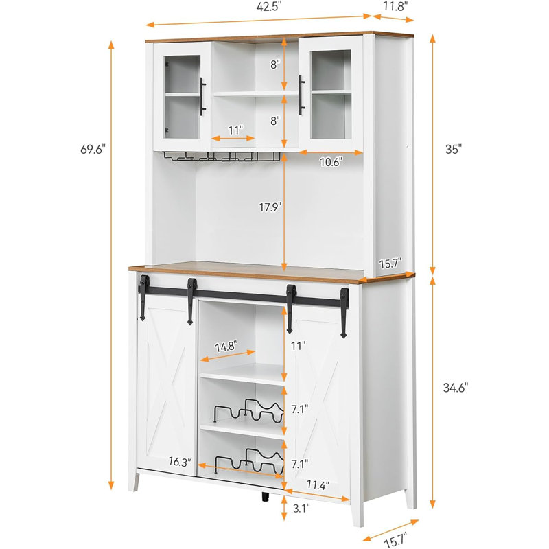 70'' Wine Bar Cabinet with Storage Hutch, Tall Coffee Bar Cabinet with Sliding Barn Doors, Bottle Glasses Rack, Farmhouse Coffee Bar for Home Dining Room