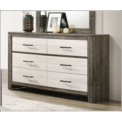 Commode élégante à deux tons avec six tiroirs spacieux et poignées en métal pour un rangement moderne au chevet, gris et beige