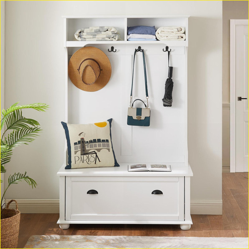 Arbre d'entrée avec banc à chaussures, tablettes ouvertes et amp; Crochets, bord de mer classique, pieds en bois massif, blanc l 40,16 po | Blanc | Panneau de fibres à densité moyenne