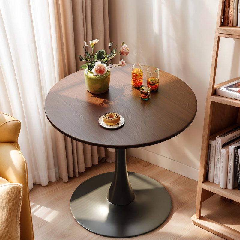 Table ronde en noyer, table de salle à manger moderne, table de salle à manger, plateau en panneau de fibres à densité moyenne et base tulipe en acier, table de cuisine, table basse Mid-Century