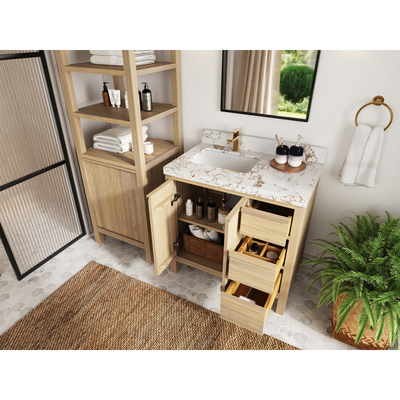 Elizabeth White Oak 36 In. W X 22 In. D Left Offset Sink Bathroom Vanity With 2 In. Piatra Grey Quartz, Berkshire Brass