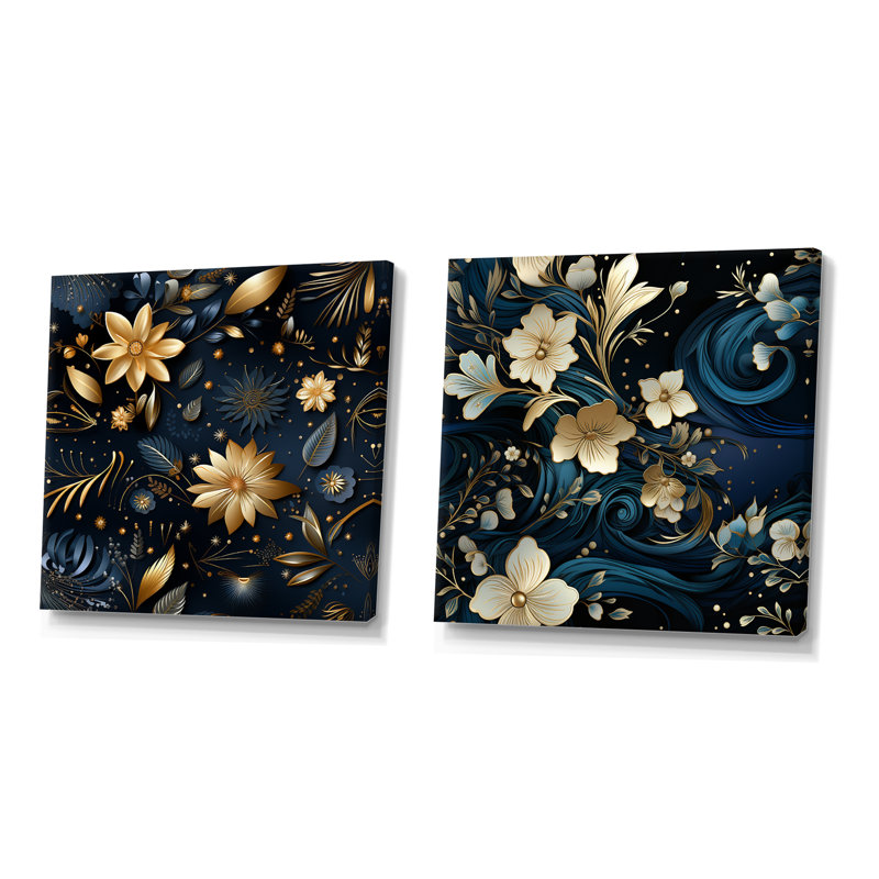 Marchienne - Ensemble de 2 reproductions de toiles abstraites botaniques, Toile tendue, H 16 po x l 33 po x P 1 po