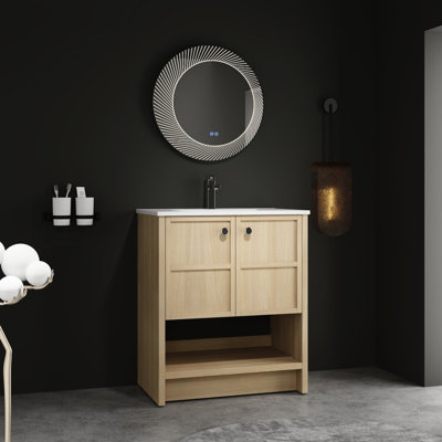 Meuble-lavabo en céramique de 76 cm (30 po), contreplaqué de chêne - Style moderne, surface facile à nettoyer