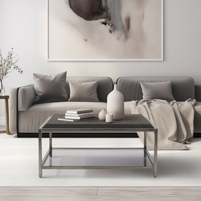 Square Coffee Table with Wood Top, Stainless Steel Frame, and Tempered Glass Shelf, 39"