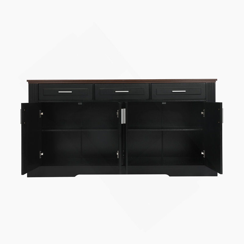 63" Fluted Sideboard Buffet Cabinet With Storage, Modern Coffee Bar Station With 4 Doors And 3 Drawers, Wood Kitchen Storage Console Table For Living Room Dining Room Entryway, Black