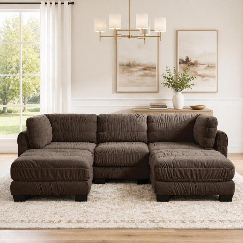 Canapé d'angle modulaire en chenille, 2 poufs amovibles, mousse haute densité, montage facile, 109.4, Brown