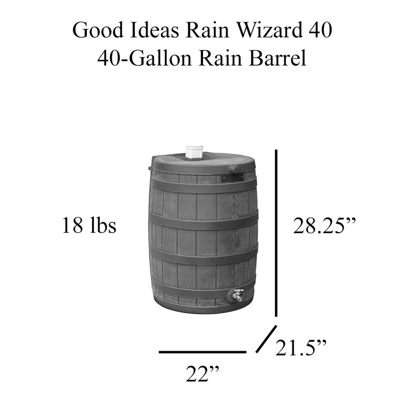 Good Ideas Rain Wizard Whiskey Style Rain Barrel with Overflow and Spigot, Oak, 28.25" H x 22" W x 21.5" D