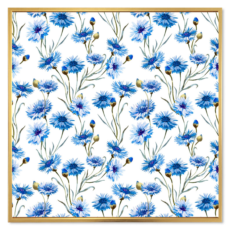 Bleu bleuet avec feuilles vertes II - impression sur toile, H 16 po x l 16 po x P 1 po, Toile encadrée d'or
