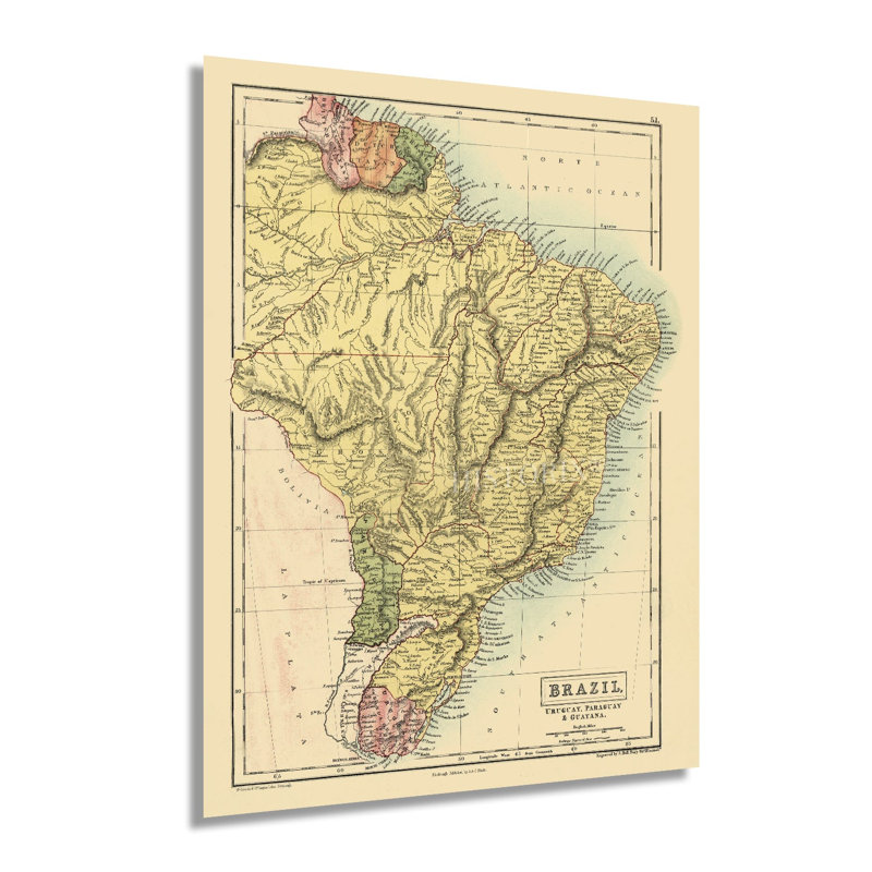 Carte du Brésil, 1873, Paraguay, Guyane, 1873, sur papier, H 24 po x l 18 po
