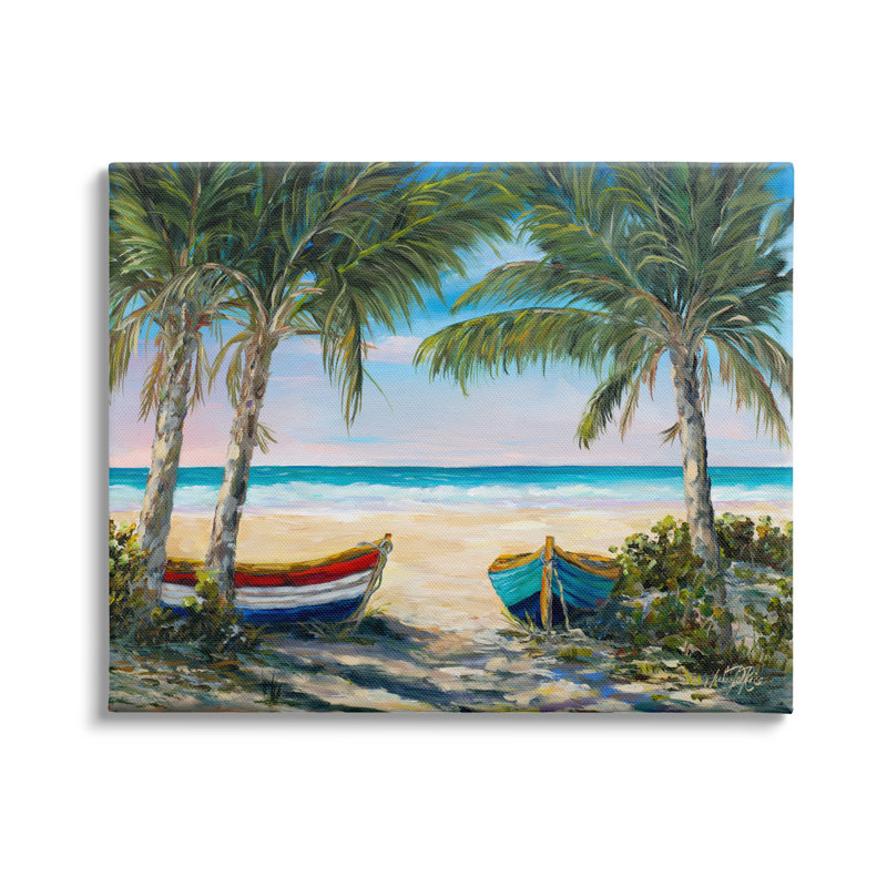 Canots à rames sur la plage, palmiers tropicaux, Toile tendue, H 30 po x l 40 po x P 1,5 po