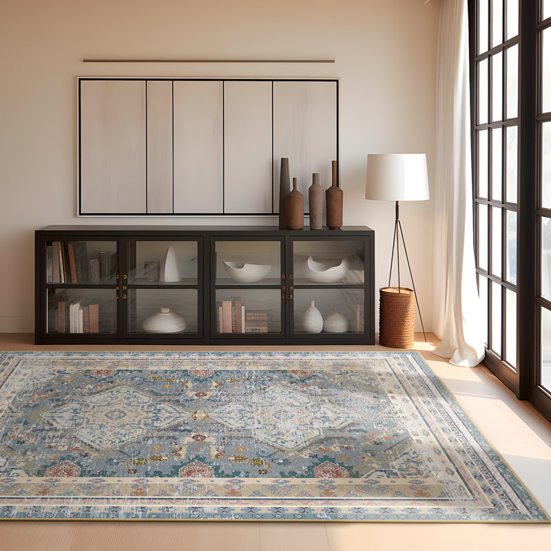 Non-Slip Area Rug Washable Distressed Boho Geometric Medallion Pattern Carpet, Area 4'x 6', Distressed Misty Blue