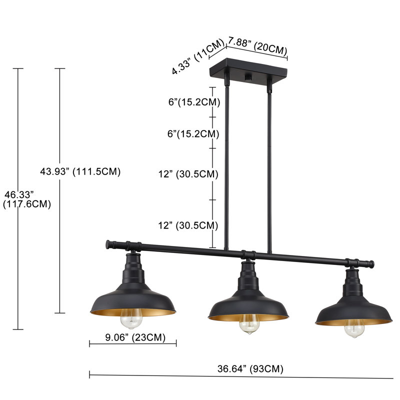 Lustre suspendu 3 lumières avec finition noir mat