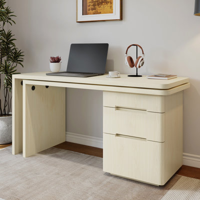 Bureau moderne en L 90 po en bois naturel avec 3 tiroirs, bureau pivotant à 360 ° en bois, bureau de direction, bureau d'angle, bureau d'étude, pour le bureau à domicile ou le salon