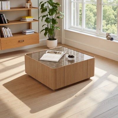 Table basse 31,5 pouces carrée avec tiroirs de rangement, table basse moderne en bois avec plateau en verre