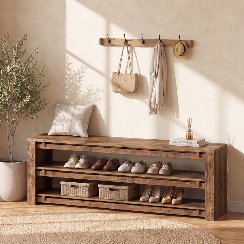 63" Solid Wood Bench, Entryway Shoe Bench with Storage