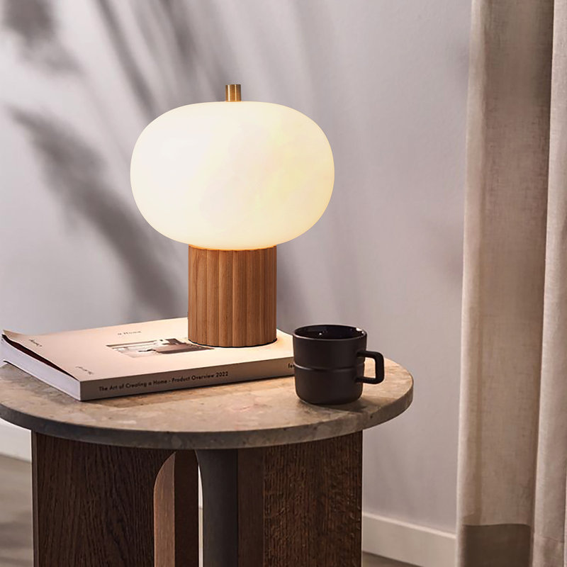 Tambo Accent Table Lamp - Dark Walnut Wood Finish, Weathered Brass, White Oval Opal Glass Shade, Natural Ash