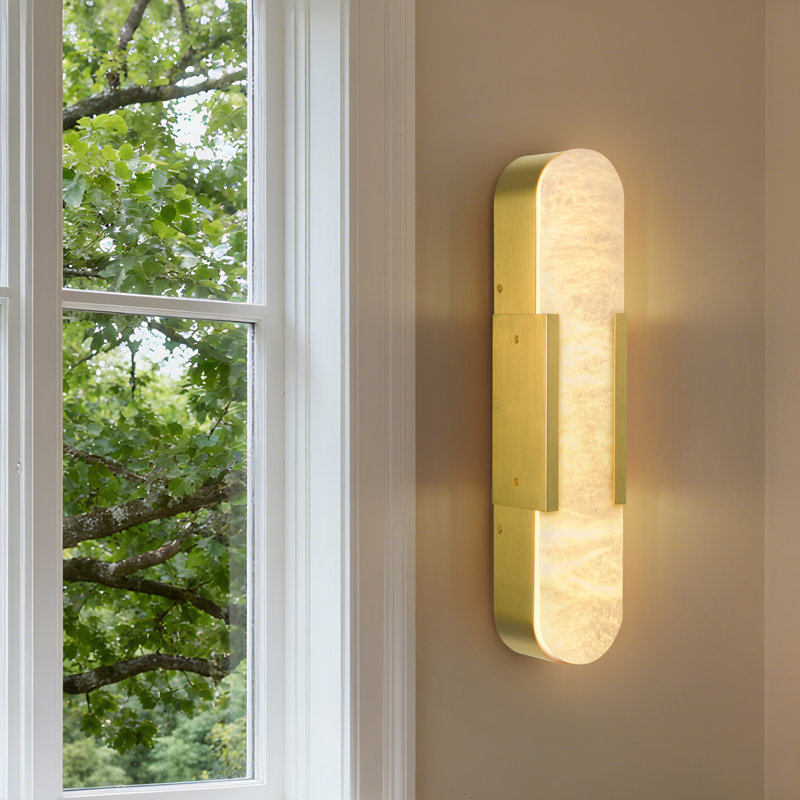 Dimmable Led Gold Wall Mounted Sconce With Alabaster Shade, 20" H x 4" W x 0.5" D