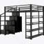 Grand lit mezzanine en métal avec tablettes de rangement, armoires et garde-robe, noir
