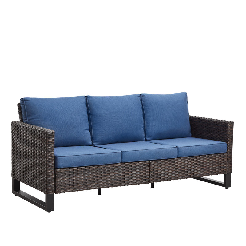 Ingvald 74.4'' Wide Outdoor Rectangle Patio Sofa with Cushions, Blue/Brown
